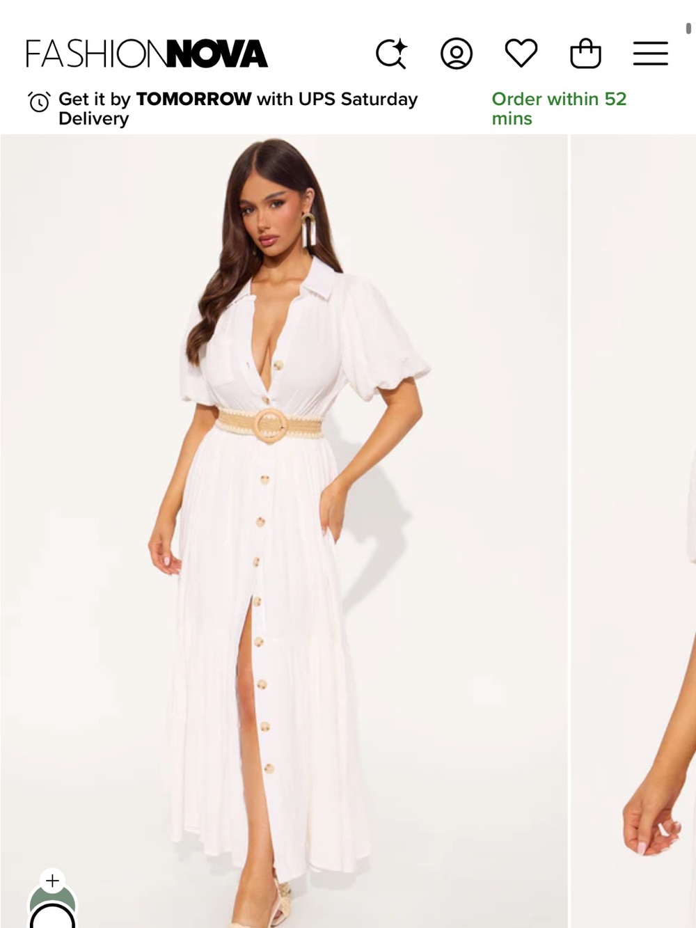 Fashion Nova White Button-Front Maxi Dress with Natural Waist Belt